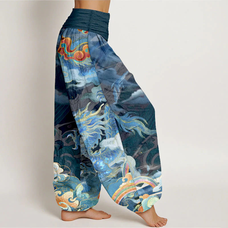 Buddha Stones Pure Cotton Gorgeous Dragon Cloud Rainbow Pattern Women's Elastic Waist Harem Pants