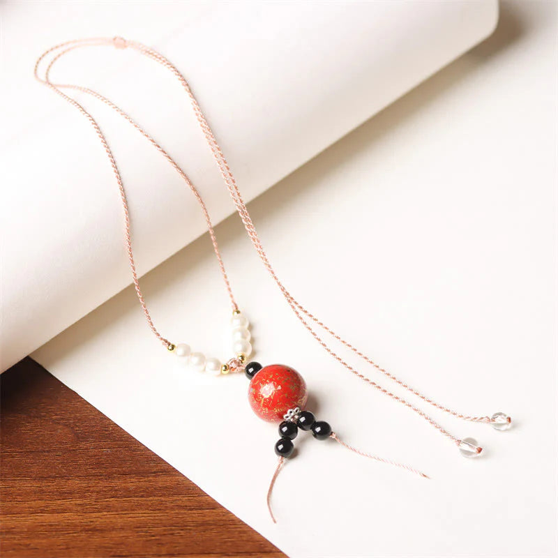 Buddha Stones Ebony Wood Aurora Lacquer Craft Bead Pearl Balance Necklace Pendant