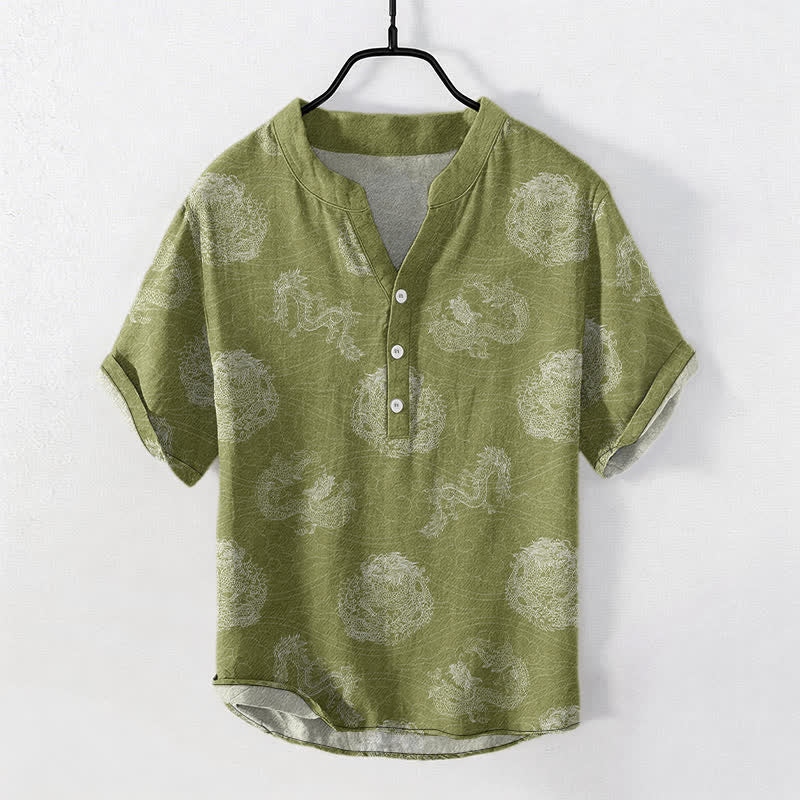 Buddha Stones Cotton Dragon Print Men's Short Sleeve Half Button Shirt