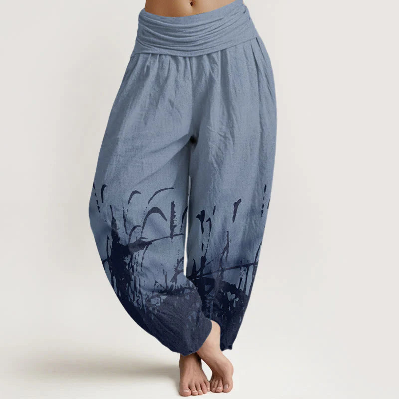 Buddha Stones Cotton Wild Grass Pattern Women's Elastic Waist Harem Pants