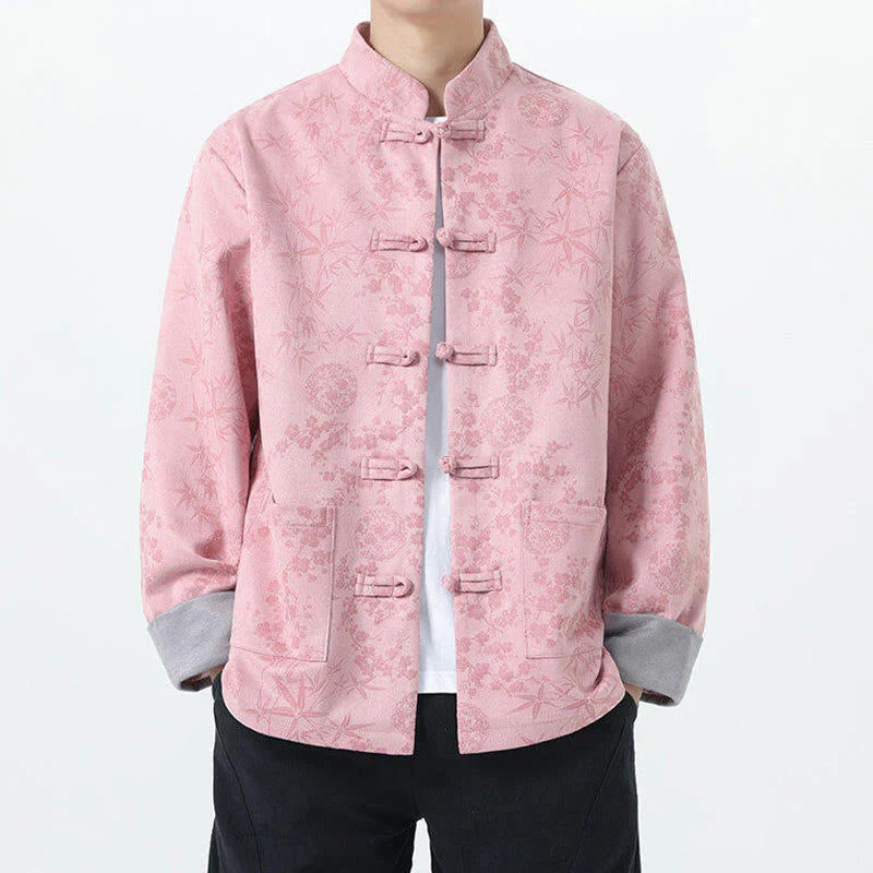 Buddha Stones Fall Jacquard Bamboo Frog-button Long Sleeve Men's Cotton Jacket With Pockets