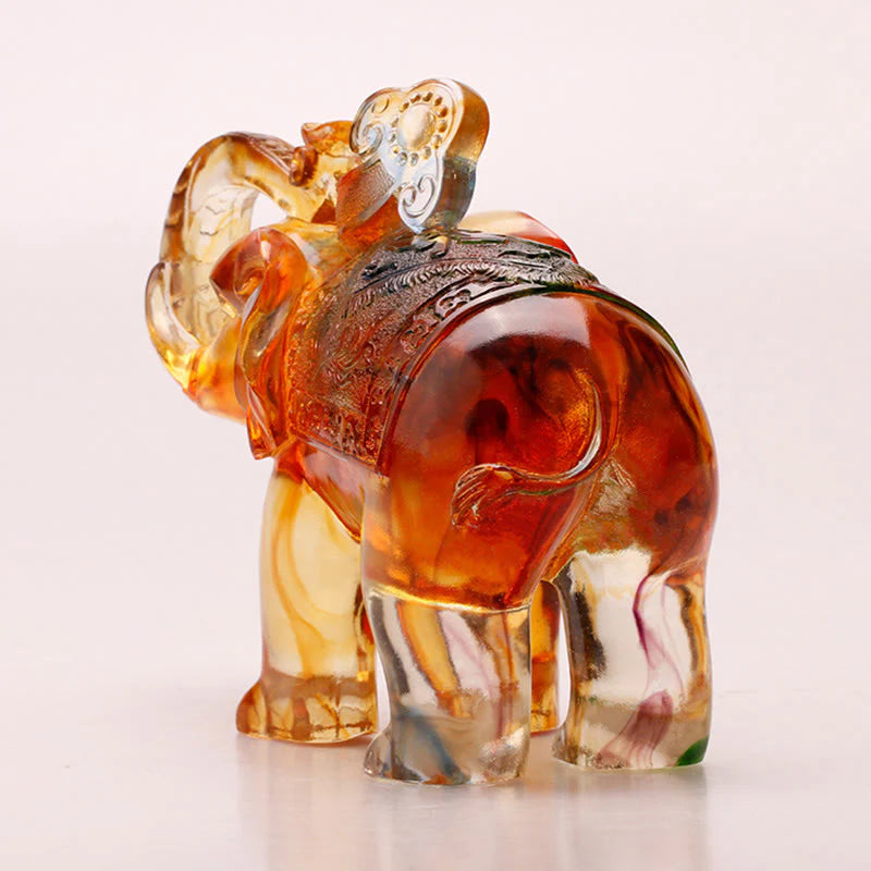 Buddha Stones Handmade Liuli Crystal Elephant Art Piece Wisdom Wealth Home Decoration