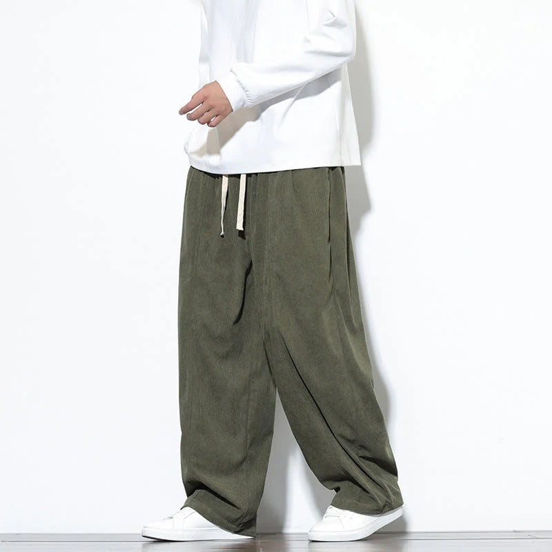 Buddha Stones Plain Drawstring Pure Cotton Corduroy Men's Harem Pants With Pockets