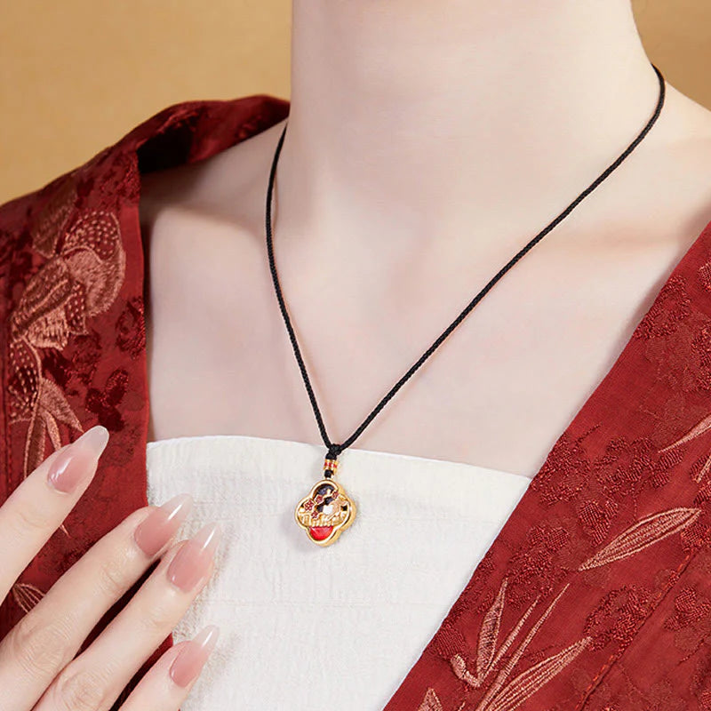 Buddha Stones 925 Sterling Silver Plum Blossom Cat Four Leaf Clover Blessing Necklace Pendant