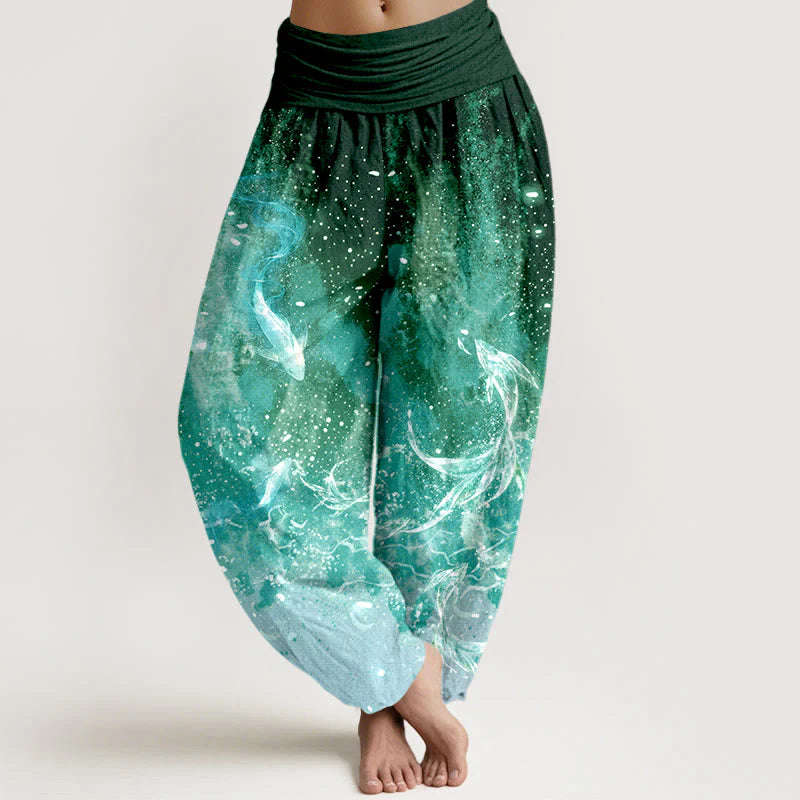Buddha Stones Cotton Koi Fish Aquatic Pattern Women's Elastic Waist Harem Pants