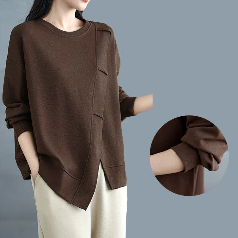Buddha Stones Fall Solid Color Asymmetrical Design Crew Neck Long Sleeve Women's Cotton Sweatshirt