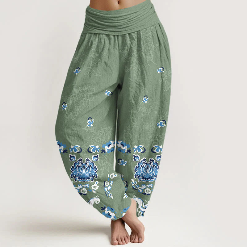 Buddha Stones Pure Cotton Elegant Classic Flower Butterfly Pattern Women's Elastic Waist Harem Pants