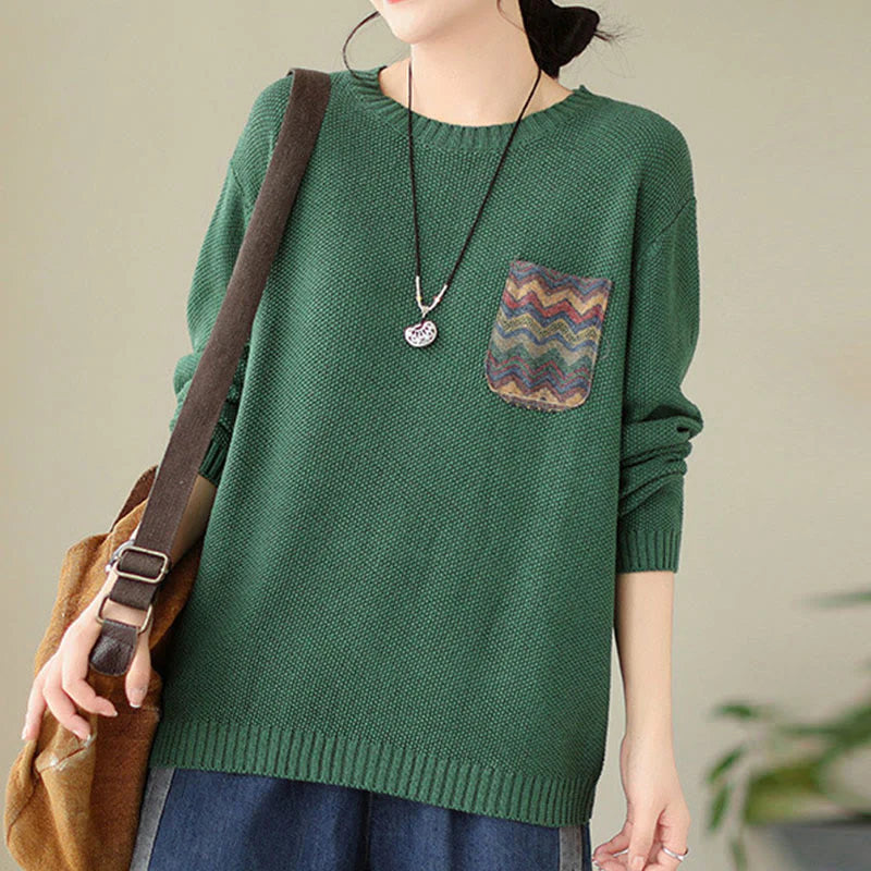 Buddha Stones Fall Floral Decorative Pocket Pattern Knitted Cotton Women's Long Sleeve Sweater
