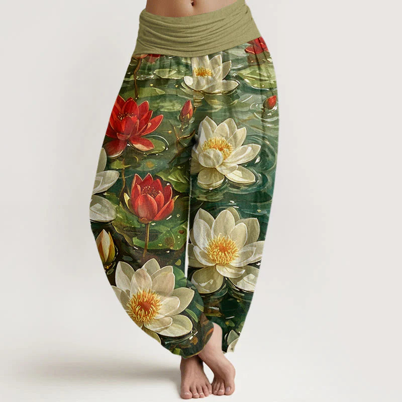 Buddha Stones Cotton Casual Blooming Red Lotus Flower Pattern Women's Elastic Waist Harem Pants