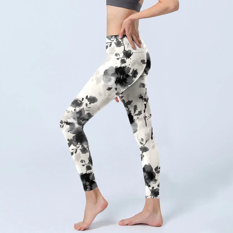Buddha Stones Ink Painting Style Flower Pattern Print Gym Leggings Women's Yoga Pants