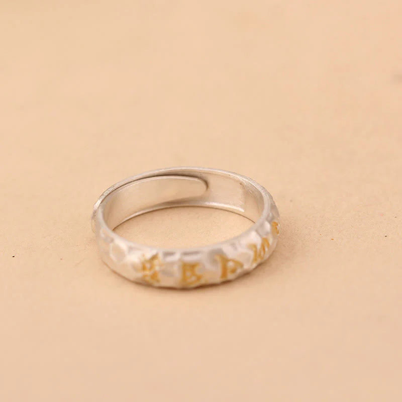 Buddha Stones Hammer Pattern Om Mani Padme Hum Copper Plated Silver Wealth Ring