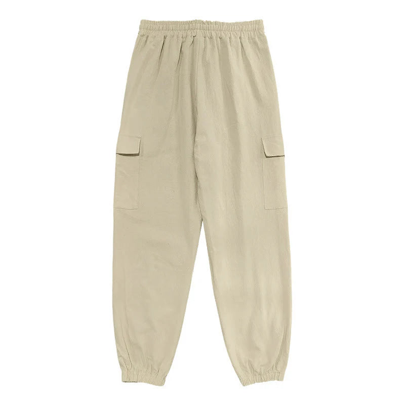 Buddha Stones Solid Color Linen Drawstring Men's Cargo Pants With Pockets