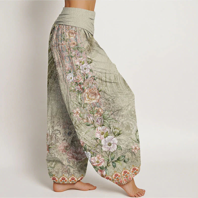Buddha Stones Cotton Ethnic Floral Ethnic Totem Pattern Women's Elastic Waist Harem Pants