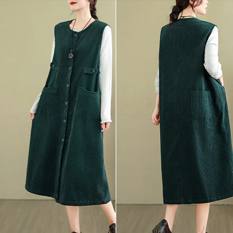 Buddha Stones Pure Colo Buttons Sleeveless Midi Dress With Pockets