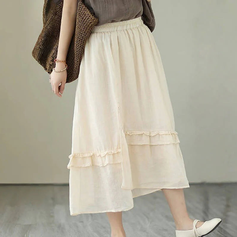 Buddha Stones Vintage Artistic Pure Color Ruffled Design Irregular Women's Cotton Linen Skirt