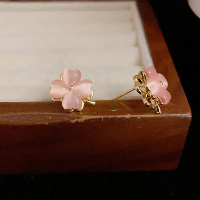 Buddha Stones Rotatable Design Four-Leaf Flower Pink Cat's Eye Support Stud Earrings