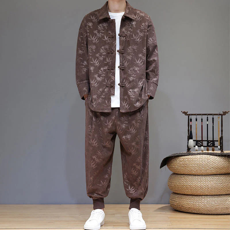 Buddha Stones 2Pcs Winter Thick Bamboo Men's Tang Suit Frog-Button Cotton Corduroy Long Sleeve Jacket Pants Set With Pockets