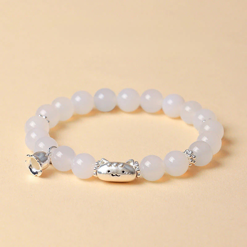 Buddha Stones 999 Sterling Silver Natural Cat Head White Cat's Eye White Agate Positive Bracelet