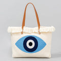 Buddha Stones Large Capacity Evil Eye Leaf Hamsa Tassel Canvas Tote Shoulder Bag