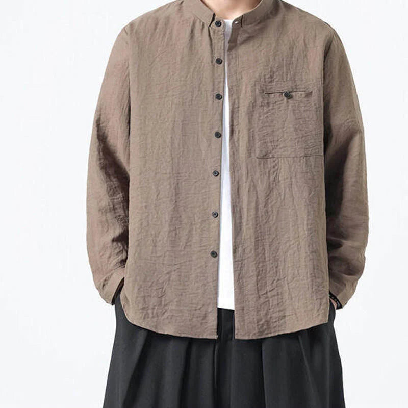Buddha Stones Vintage Plain Buttons Down Stand Collar Long Sleeve Men's Cotton Shirt