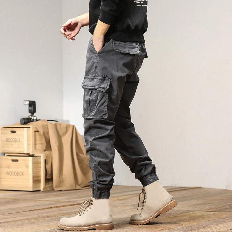 Buddha Stones Summer Cotton Elastic Cuffs Tapered Men's Pants With Pockets