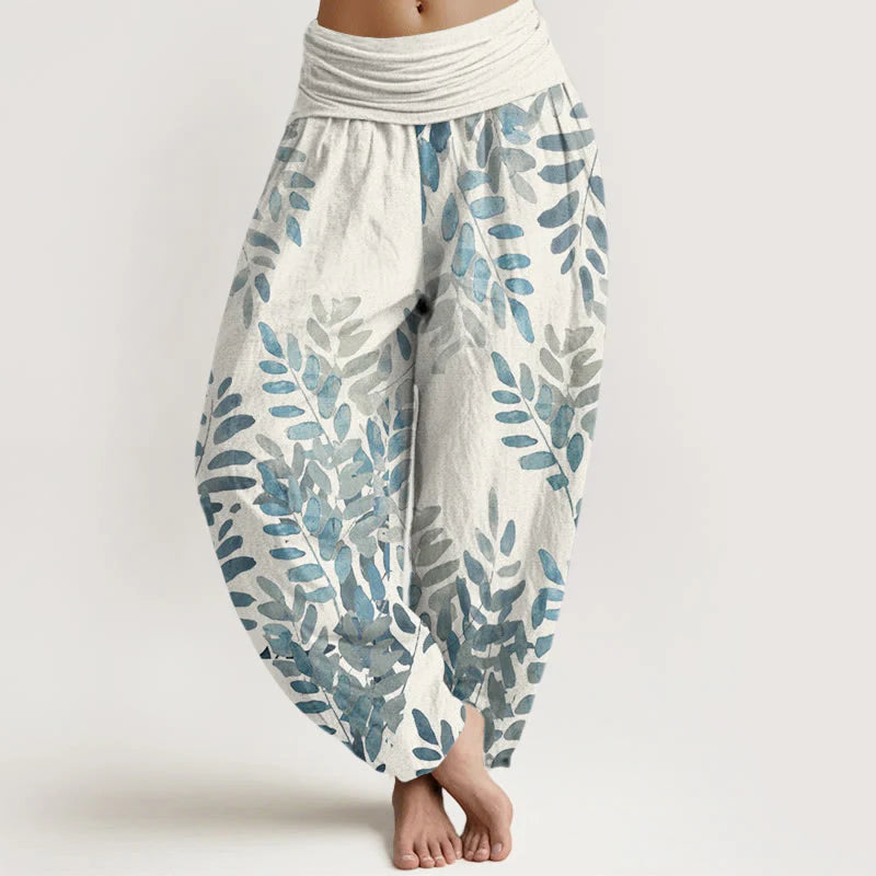 Buddha Stones Cotton Casual Plant Interlaced Leaves Pattern Women's Elastic Waist Harem Pants