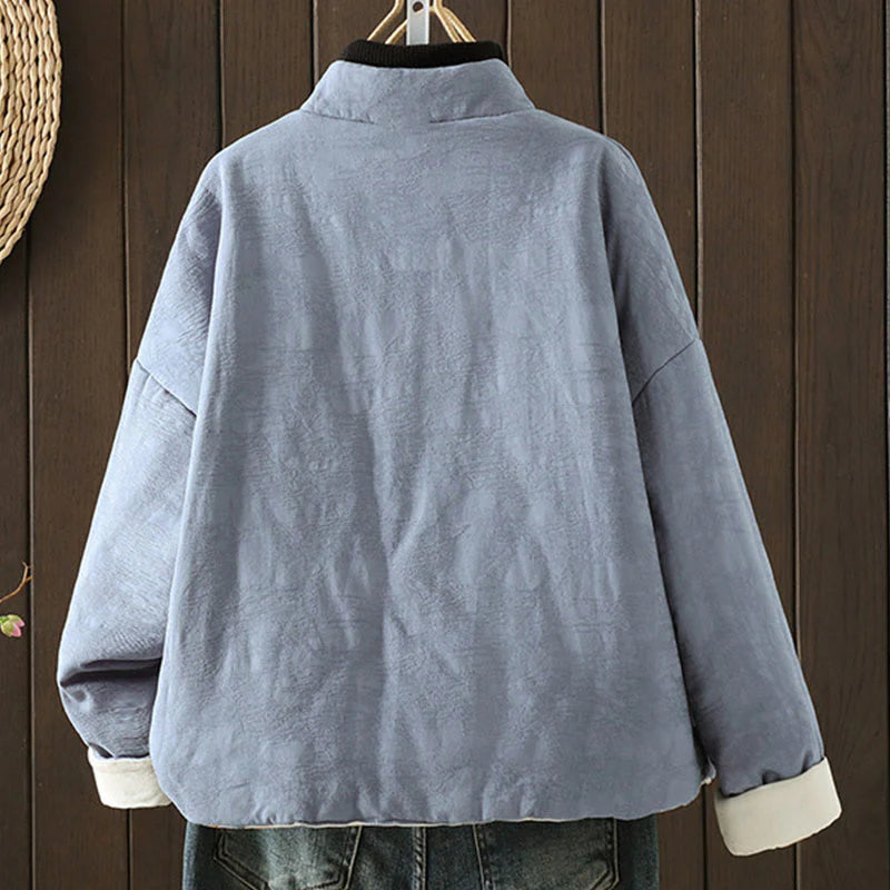 Buddha Stones Frog-button Solid Color Pattern Women's Long Sleeve Cotton Thick Jacket With Floral Cuffs