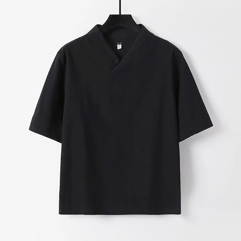 Buddha Stones Summer Simple V-Neck Short Sleeve Cotton Linen Men's Shirt