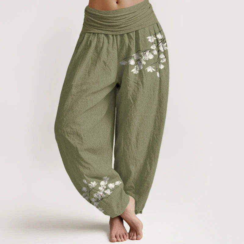 Buddha Stones Pure Cotton Simple Magnolia Flower Pattern Women's Elastic Waist Harem Pants