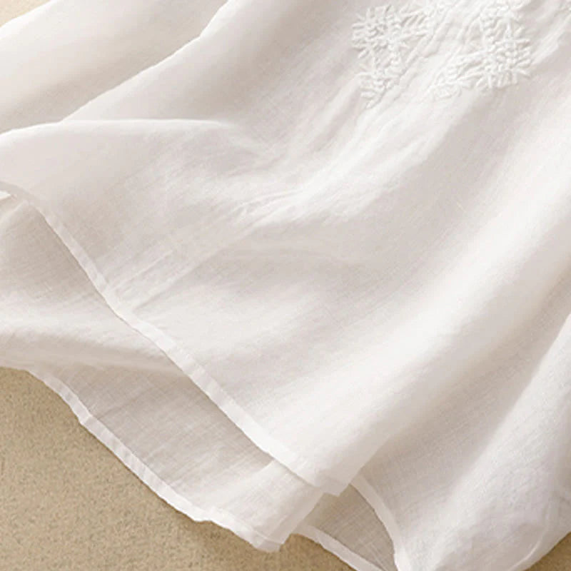 Buddha Stones V-Neck Lines Embroidery Women's Half Sleeve Shirt