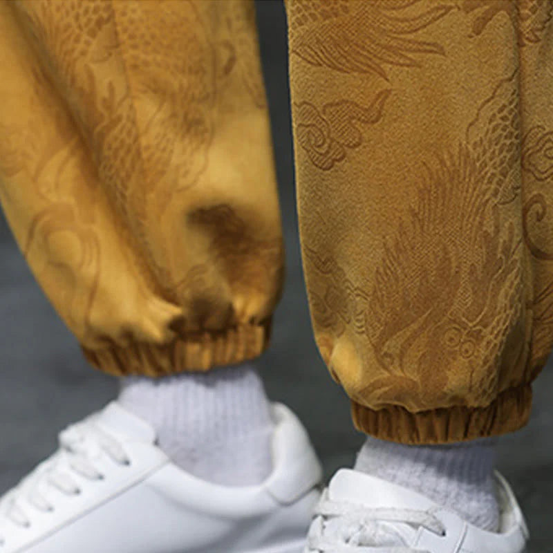 Buddha Stones 2Pcs Spring Dragon Bamboo Clouds Men's Tang Suit Frog-Button Cotton Long Sleeve Jacket Pants Set With Pockets
