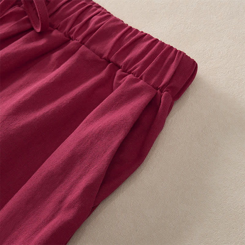 Buddha Stones Summer Lace-trimmed Hem Solid Color Women's Tapered Pants With Pockets