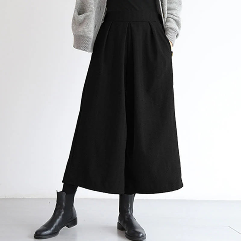 Buddha Stones Plain Elastic Waistband Design Women's 7-8 Length Wide Leg Pants With Pockets