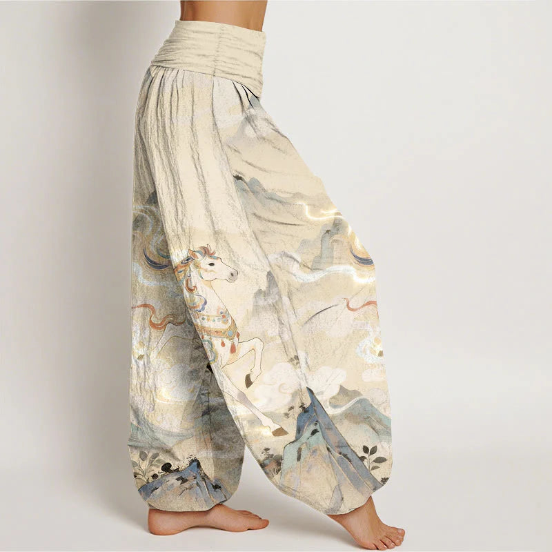 Buddha Stones Cotton Gorgeous Mountain Horse Cloud Pattern Women's Elastic Waist Harem Pants