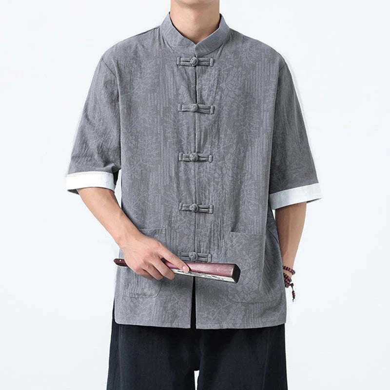 Buddha Stones Summer Flowers Grass Pattern Tang Suit Men's Frog-Button Half Sleeve Cotton Shirt With Pockets