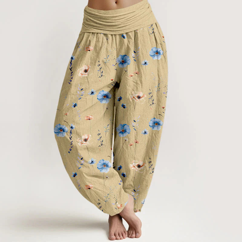 Buddha Stones Cotton Fresh Refined Flower Pattern Women's Elastic Waist Harem Pants