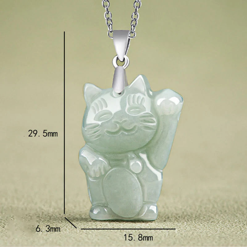Buddha Stones Jade Fortune Cat Prosperity Titanium Steel Necklace Pendant