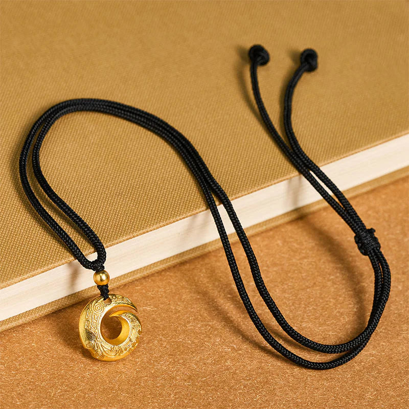 Buddha Stones 24k Gold Plated Brass Peace Buckle Black Rope Auspicious Necklace Pendant