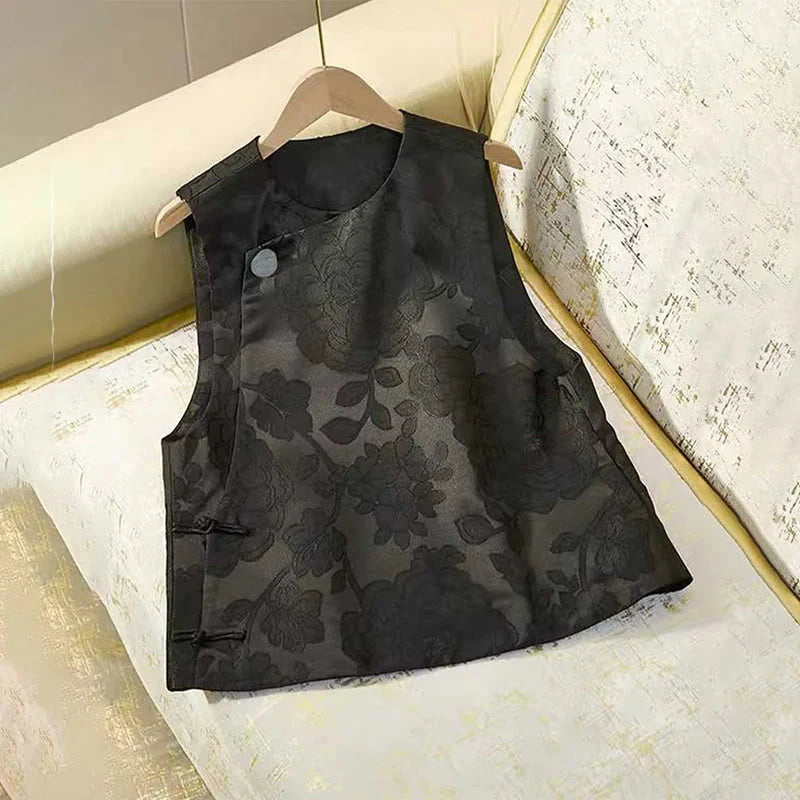 Buddha Stones Black Peony Flowers Frog-Button Pattern Cotton Women's Sleeveless Vest Waistcoat