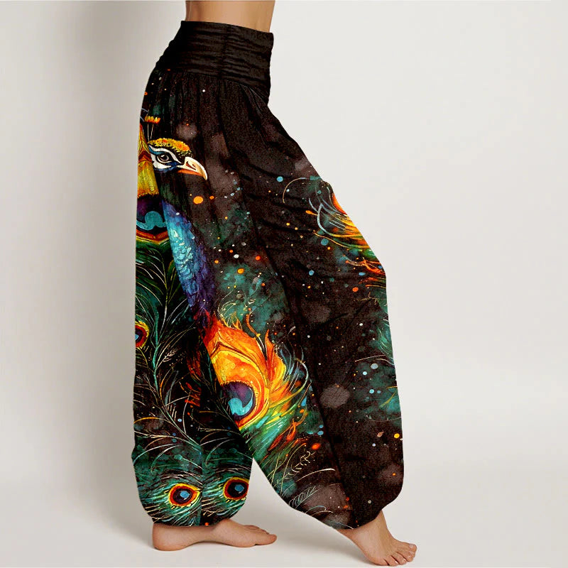 Buddha Stones Cotton Peacock Starry Sky Pattern Women's Elastic Waist Harem Pants