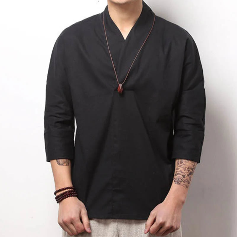 Buddha Stones Casual V-Neck Three Quarter Sleeve Shirt Men Clothing