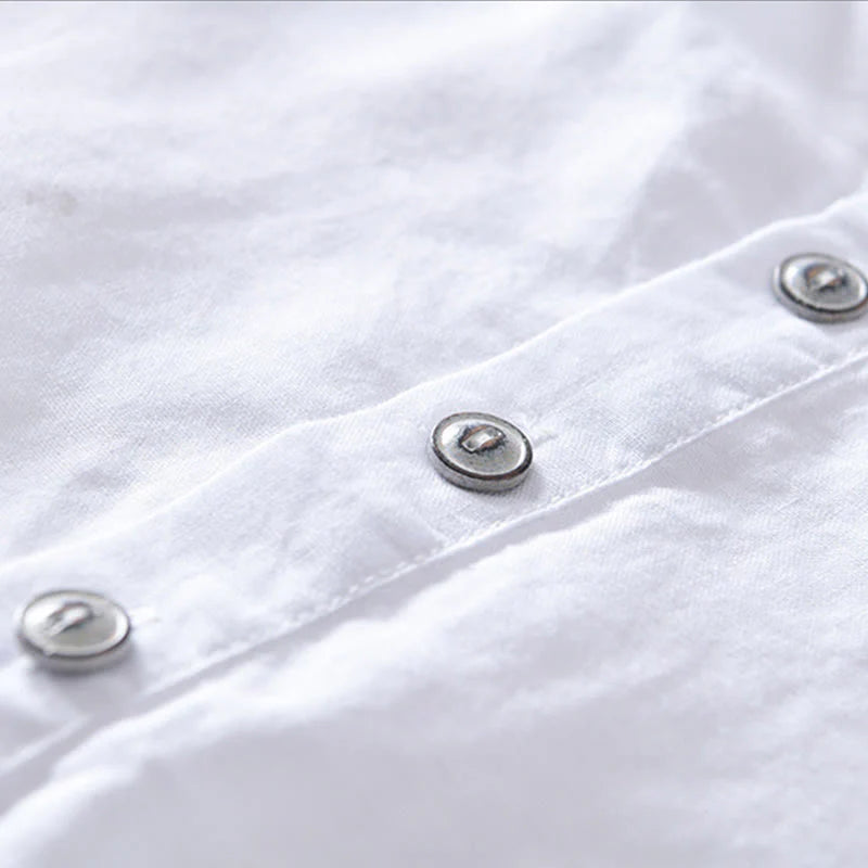 Buddha Stones Solid Color Half Button Design Stand Collar Men's Short Sleeve Cotton Linen Shirt