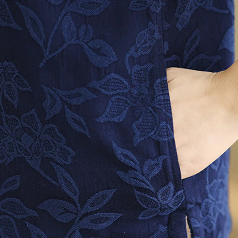 Buddha Stones Jacquard Pattern Frog-button Women's Sleeveless Cotton Vest Waistcoat With Pockets