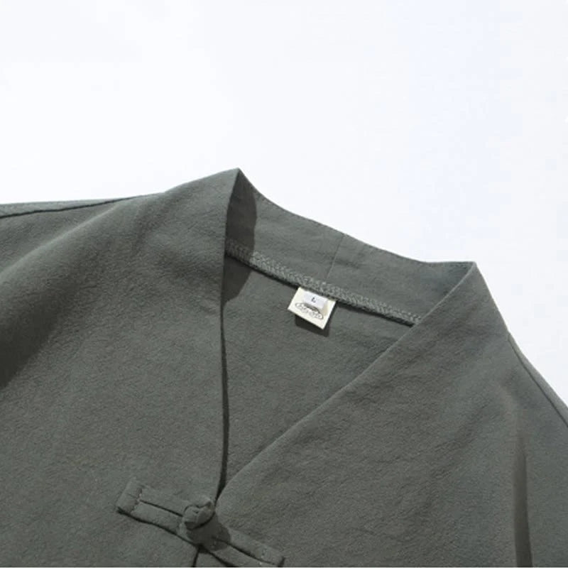 Buddha Stones 2Pcs Tang Suit Frog-Button Design Shirt Pants With Pockets Men's Cotton Linen Meditation Cloth Set