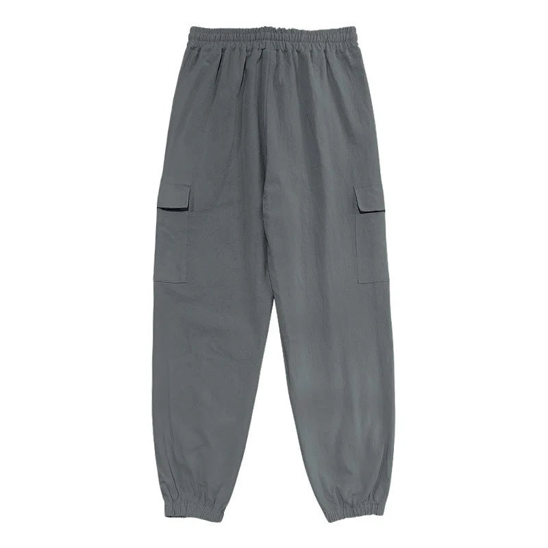 Buddha Stones Solid Color Linen Drawstring Men's Cargo Pants With Pockets