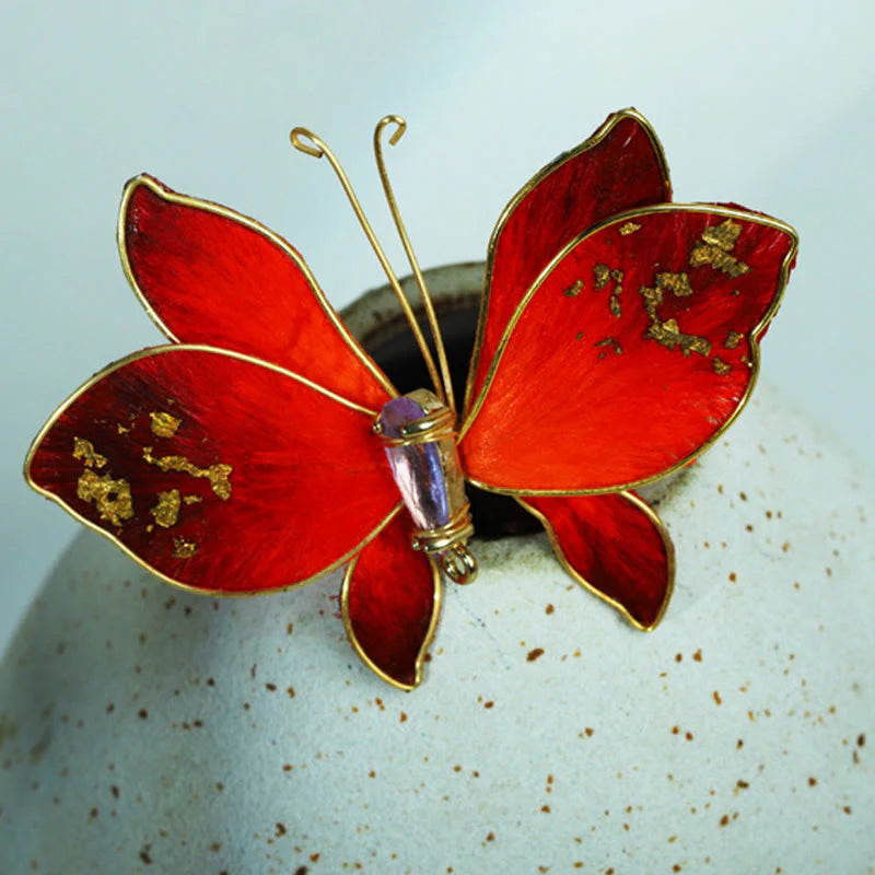 Buddha Stones Handcrafted Silk Art Velvet Flower Red Butterfly Brooch