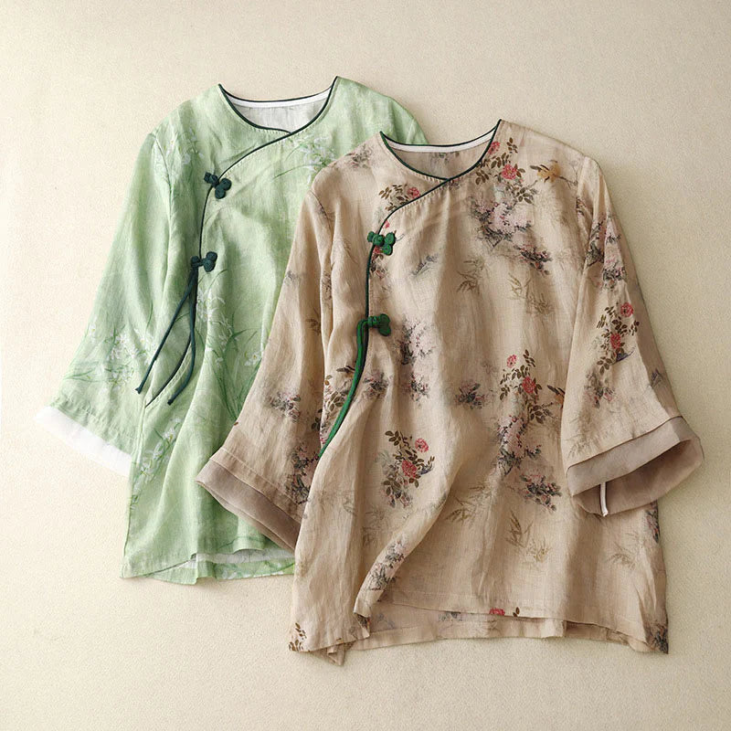 Buddha Stones White Orchid Red Flowers Frog-Button Design Three Quarter Sleeve Women's Shirt
