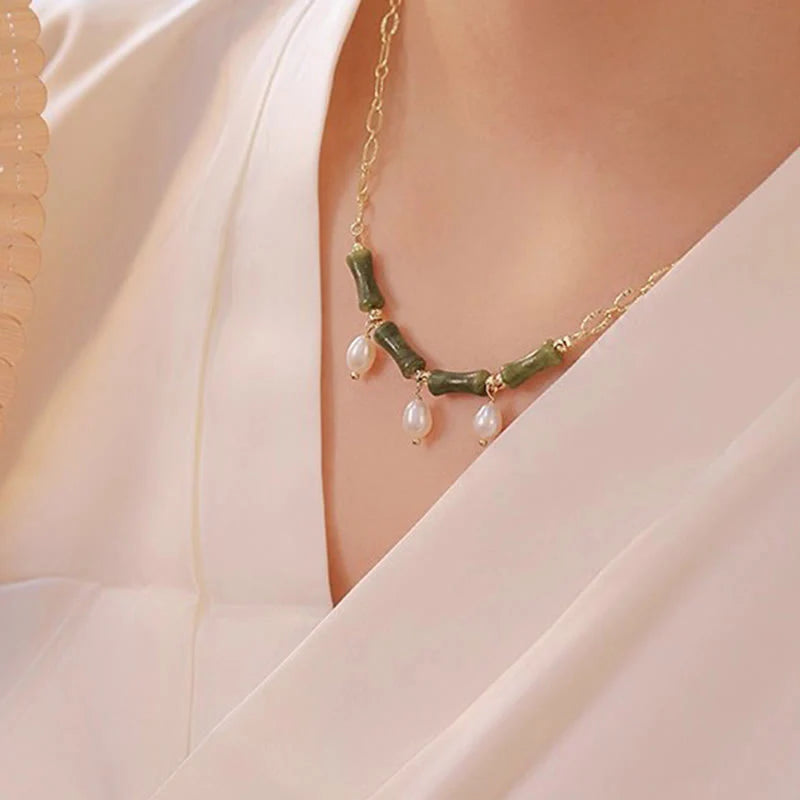 Buddha Stones Tianshan Jade Bamboo Pearl Abundance Wealth Necklace Pendant