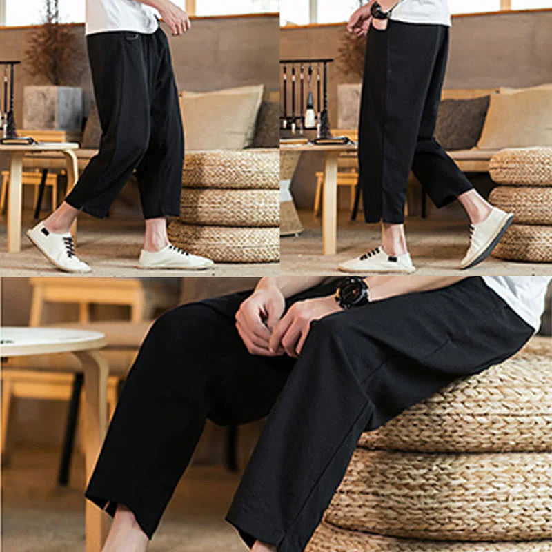 Buddha Stones Casual Solid Color Drawstring Men's Elastic Waistband Cotton Linen Pants With Pockets