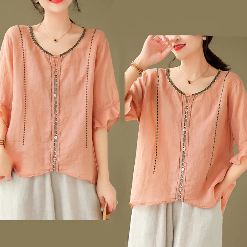 Buddha Stones Embroidery Buttons Crew Neck Flared Short Sleeve Women's Shirt